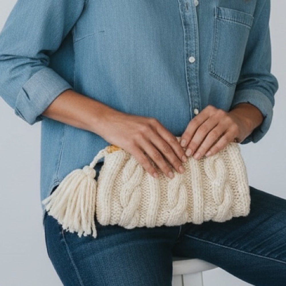 Handmade Wool Cableknit Sweater Bamboo Handle Tassle Clutch Bag Ivory